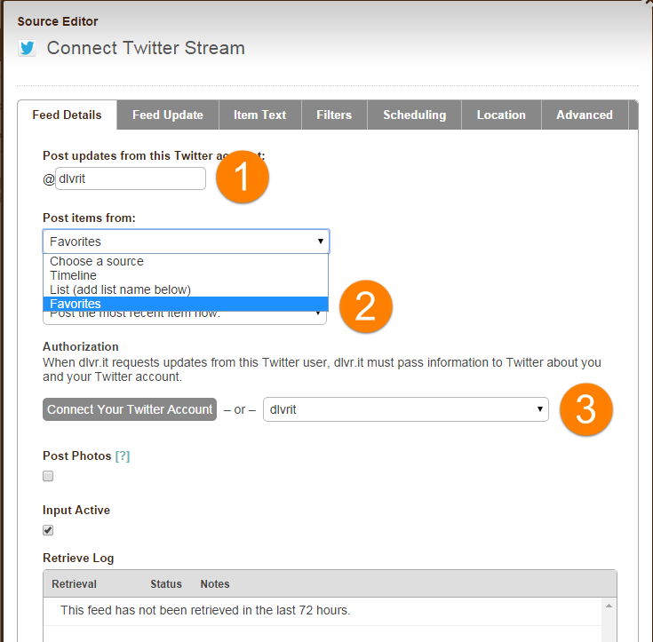 After you select a Twitter input, choose the Favorites stream to shares
